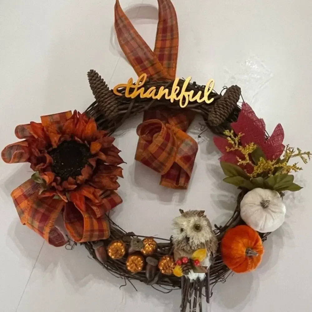 Thankful Owl Harvest Grapevine Wreath 16